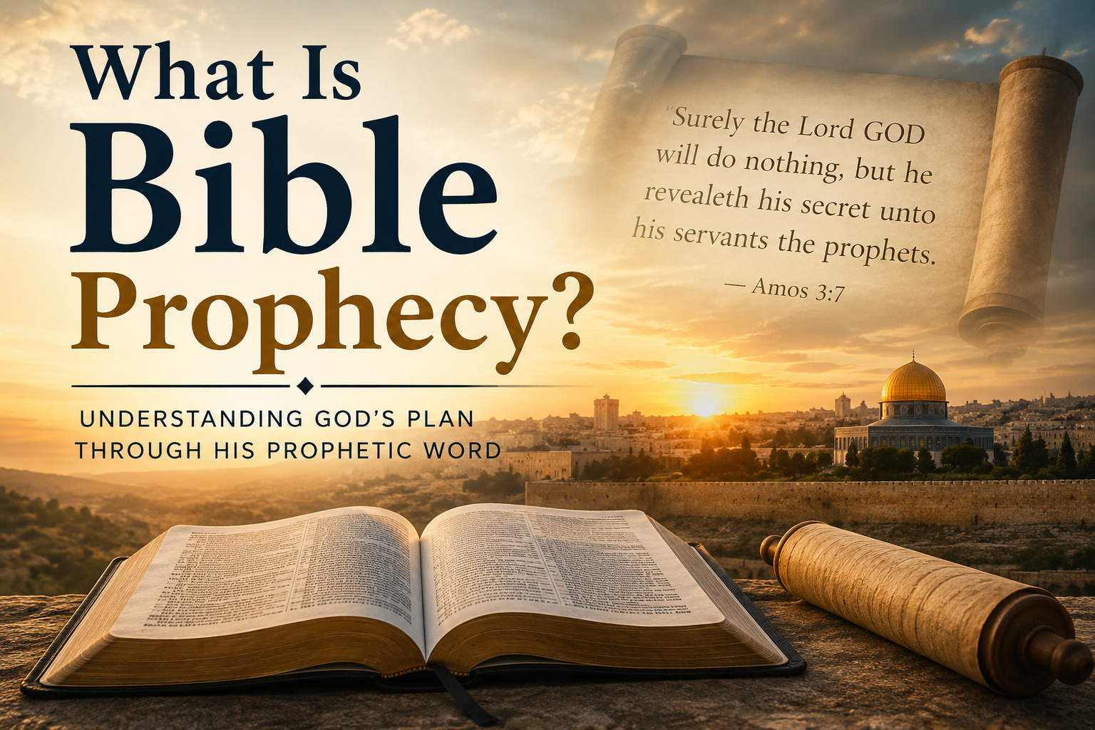 Feature image for What Is Bible Prophecy article showing Jerusalem at sunrise, an open Bible, prophetic scroll, and Amos 3:7 KJV verse.