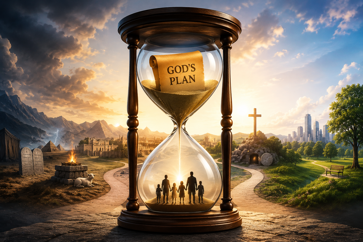 An artistic conceptual illustration of the Biblical definition of dispensations, featuring a large wooden hourglass in the center. The top bulb contains golden sand and a scroll reading 'GOD'S PLAN'. The bottom bulb illuminates a family silhouette under falling sand. In the background, a path splits into historical biblical eras on the left (the law, stone tablets, an altar, ancient pyramids) and the dispensation of grace on the right (the cross, an empty tomb, and a modern city under a bright sky).